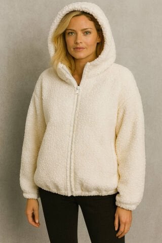 büyük beden  kemik  Rengi  Kapşonlu  Peluş Kaban