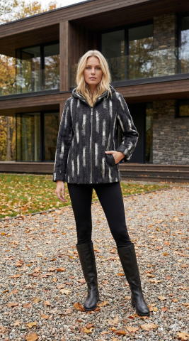 Siyah Beyaz Kapüşonlu Yünlü Kumaş Kaban