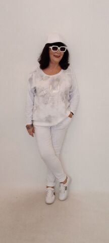 İtalyan Dore Yazılı Yuvarlak Yaka Uzun Kollu Arkası Cotton Önü Keten Bluz - Beyaz