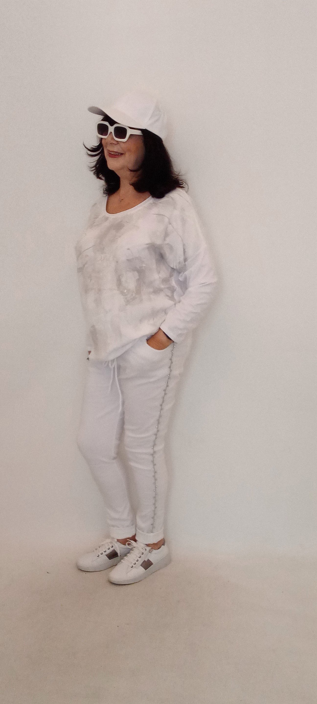 İtalyan Dore Yazılı Yuvarlak Yaka Uzun Kollu Arkası Cotton Önü Keten Bluz - Beyaz