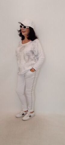 İtalyan Dore Yazılı Yuvarlak Yaka Uzun Kollu Arkası Cotton Önü Keten Bluz - Beyaz