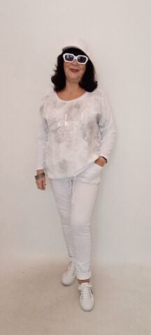 İtalyan Dore Yazılı Yuvarlak Yaka Uzun Kollu Arkası Cotton Önü Keten Bluz - Beyaz