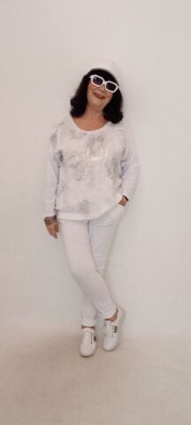 İtalyan Dore Yazılı Yuvarlak Yaka Uzun Kollu Arkası Cotton Önü Keten Bluz - Beyaz