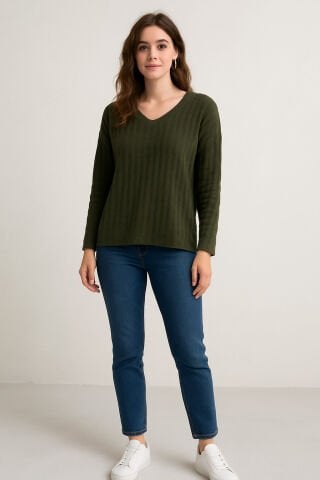 İtalyan Haki Tırtıklı Viskon   V  Yaka Triko