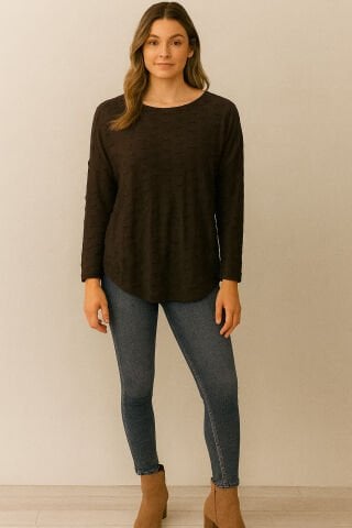 İtalyan Kahve   Tırtıklı Viskon Yuvarlak Yaka Triko