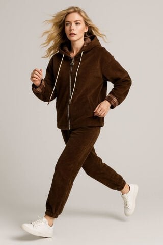 İtalyan İnce Çizgili Kadife  Kapşonlu Kahve Rengi  Kareli Kombinli Eşofman