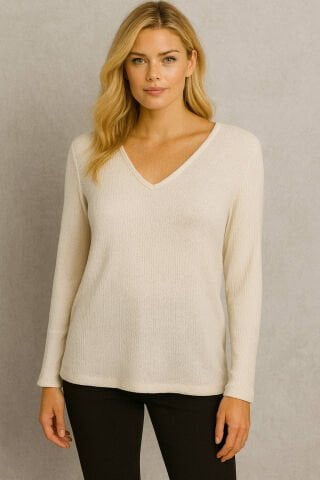 Beyaz V Yaka Kaşkorse Kumaşı Bluz