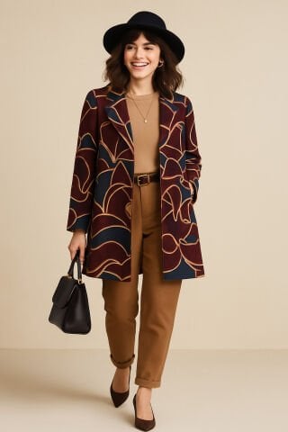 İtalyan Bordo & Camel Desenli Süetin Kumaş Uzun Ceket