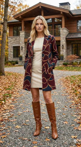 İtalyan Bordo & Camel Desenli Süetin Kumaş Uzun Ceket