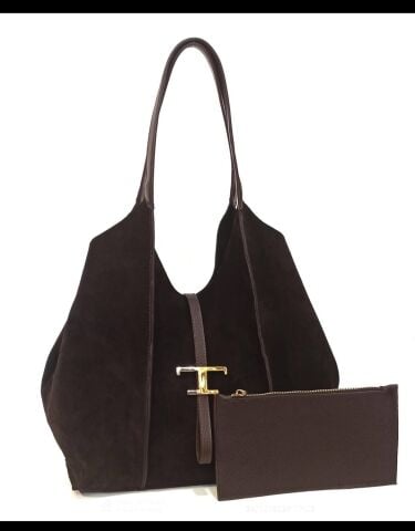 Hakiki Suet Deri Kahve Rengi Onünde Tokası İçinde Yavrusu Olan Hacimli   Çanta