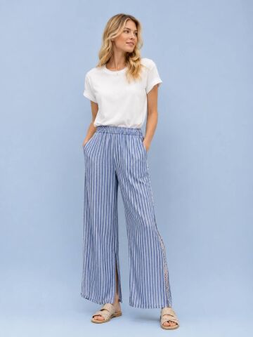 Bürümcük  Mavi Çizgili Beli Lastikli Bol Paça Pantalon