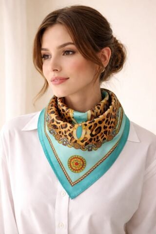 Leopar Desenli Turkuaz İpek Fular