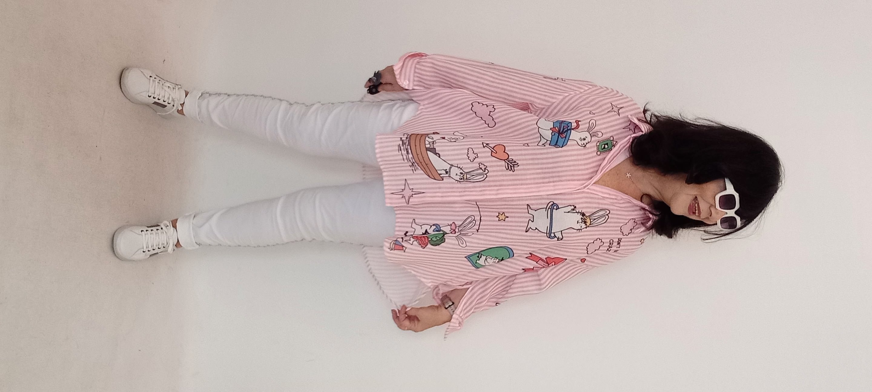 İtalyan Çizgili Poplin Gömlek Animal Aplikeli - Pembe