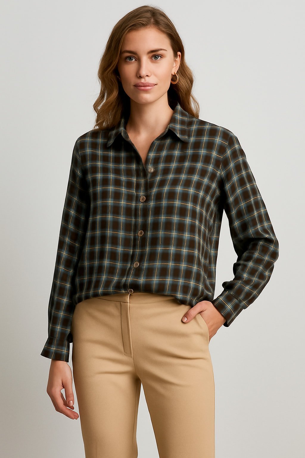 İtalyan Kahve Rengi Kareli  Kaşmir Dökümlü Gömlek