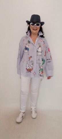 İtalyan Çizgili Poplin Gömlek Animal Aplikeli - Mavi