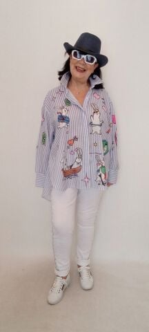 İtalyan Çizgili Poplin Gömlek Animal Aplikeli - Mavi