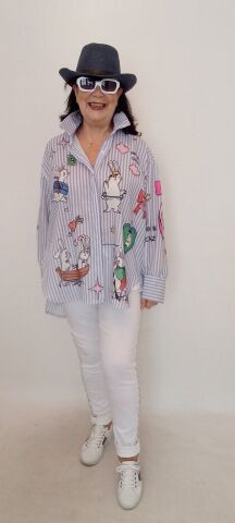 İtalyan Çizgili Poplin Gömlek Animal Aplikeli - Mavi