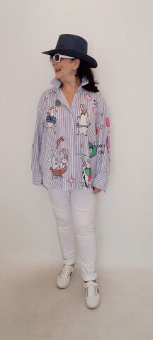 İtalyan Çizgili Poplin Gömlek Animal Aplikeli - Mavi