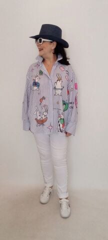 İtalyan Çizgili Poplin Gömlek Animal Aplikeli - Mavi
