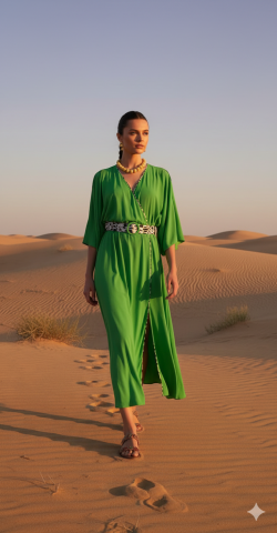 Yeşil V Yaka  Ön Yırtmaçlı Leopar Desenli Kemerli Dökümlü Elbise