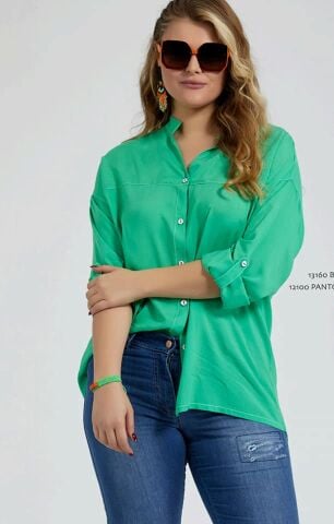 Büyük Beden Yeşil Viskon  Kısa Kollu  V Dik Yaka Gömlek