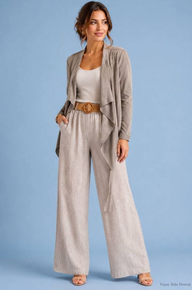 Keten Kemerli Bej Bol Paçalı  Pantalon