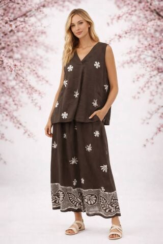 İtalyan Kahve Üstü Çiçekli Kolsuz Pantalon Takım