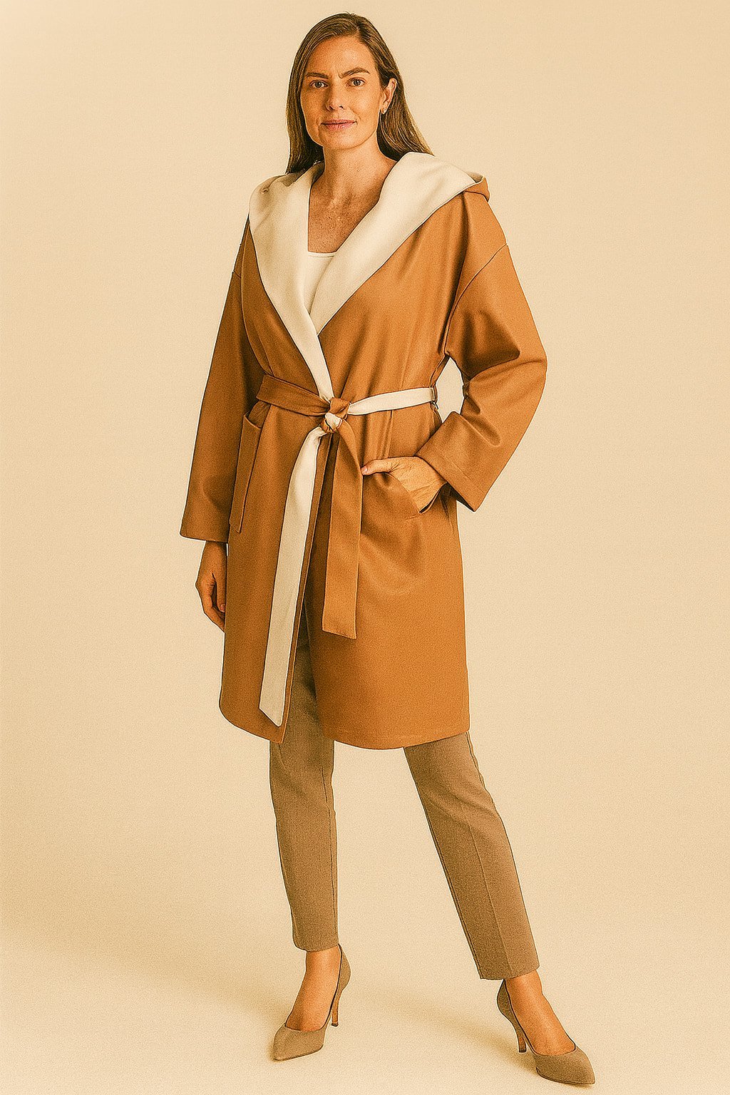 İtalyan Camel Büyük Yakalı Salş Yapay Deri Trençkot