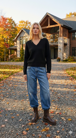 İtalyan Siyah Angora V Yaka Triko Kazak