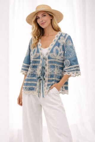 İtalyan  üstü işlemeli Etnik Desen Mavi Kısa Kollu Ceket