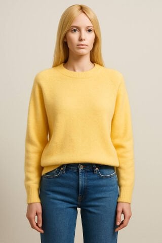 İtalyan  Sarı  Angora   Yuvarlak Yaka  Triko Kazak