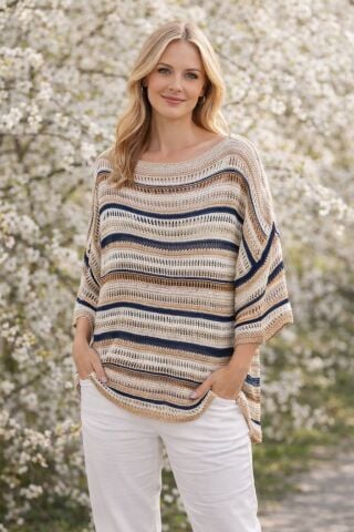 İtalyan Merserize Kahve Bejli  Ajurlu Triko Bluz