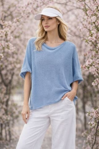 Maviİ  italyan  Kısa kollu Merserize Örme Bluz