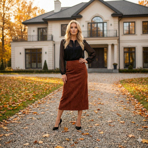 Örme Kumaş Taba Rengi Uzun Etek