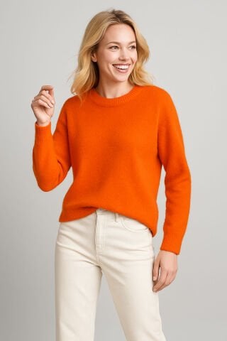 İtalyan Oranj Rengi  Angora   Yuvarlak Yaka  Triko Kazak