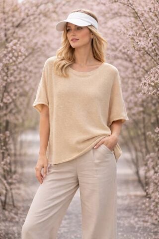 Bej  italyan  Kısa kollu Merserize Örme Bluz