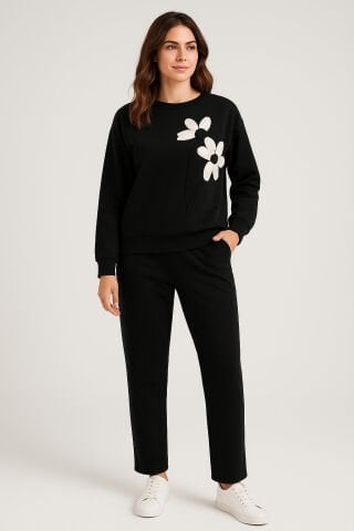 İtalyan Siyah  Rengi Çiçek Detaylı Cotton Eşofman