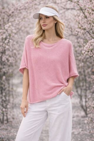 Pembe  italyan  Kısa kollu Merserize Örme Bluz