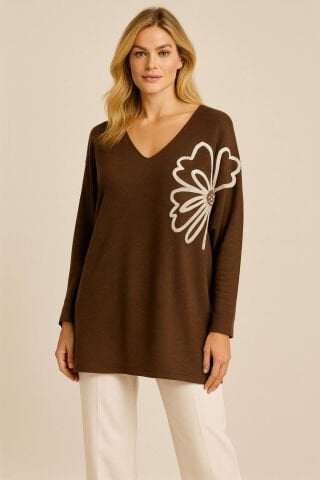 İtalyan Kahverengi V Yaka Çiçek Motifli Triko Kazak