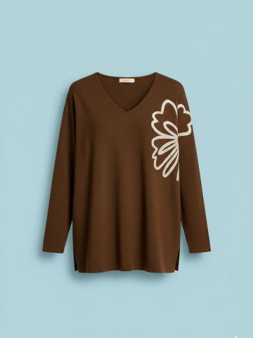İtalyan Kahverengi V Yaka Çiçek Motifli Triko Kazak