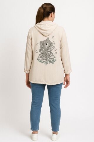 Kemik Rengi Keten Kapşonlu Arkası Ayakkabı Figürlü  Ceket