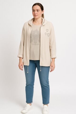 Kemik Rengi Keten Kapşonlu Arkası Ayakkabı Figürlü  Ceket