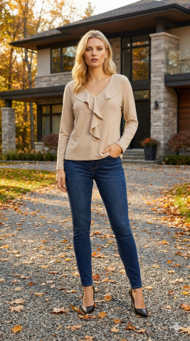 İtalyan Bej V Yaka Volanlı Triko Kazak