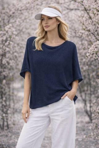 Lacivert   İtalyan  Kısa kollu Merserize Örme Bluz