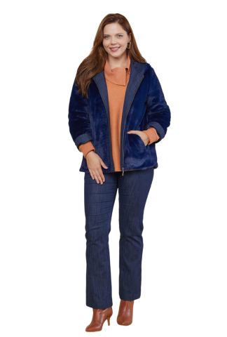 İndigo Peluş Kapşonlu Kaban