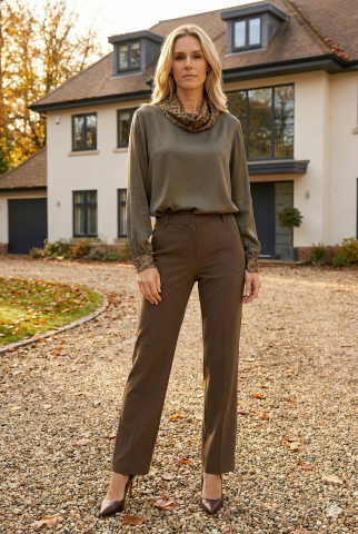 Vizon Rengi Saten Tunik – Leopar Desenli Devrik Yaka Detaylı