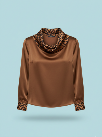 Vizon Rengi Saten Tunik – Leopar Desenli Devrik Yaka Detaylı