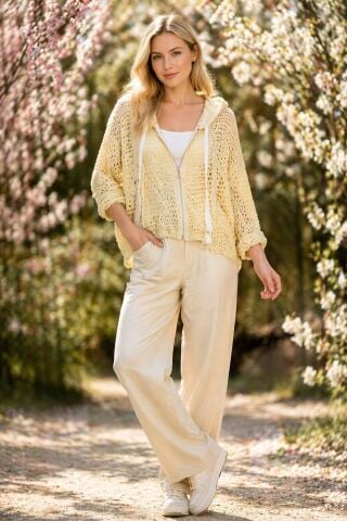 Sarı Merserize Fermuarlı Kapşonlu Triko Hırka