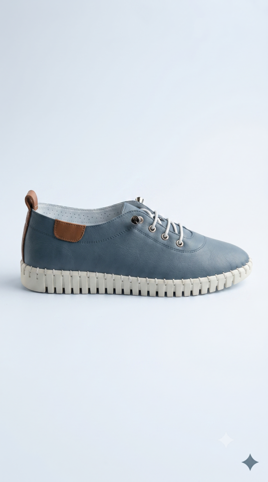 İndigo Rengi Hakiki Deri Sneaker Ayakkabı