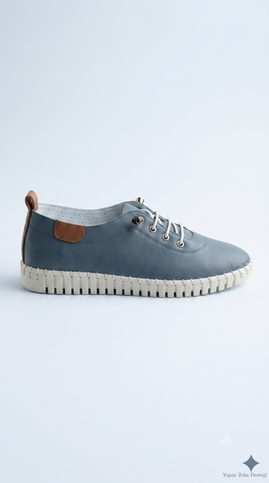 İndigo Rengi Hakiki Deri Sneaker Ayakkabı